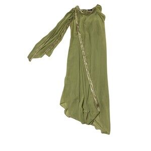 Indya Asymmetric Draped Maxi/Midi Dress Green Gold Trim Indo Western Fusion L